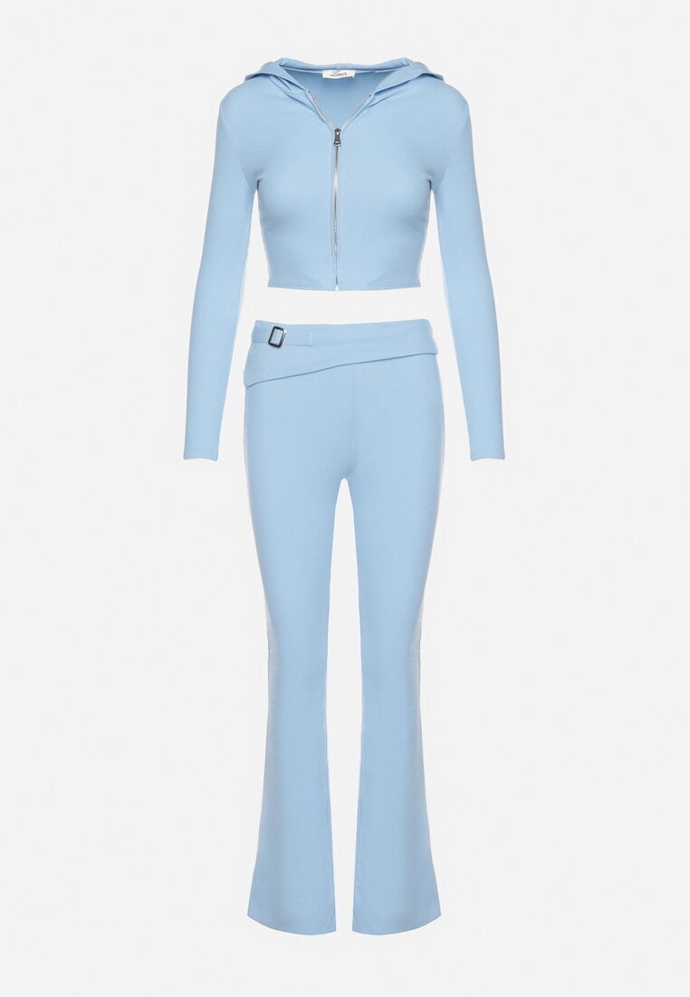 Jasnoniebieski Komplet Dresowy z Prążkowanej Bawełny Krótka Bluza z Kapturem i Spodnie Dzwony Jukolla