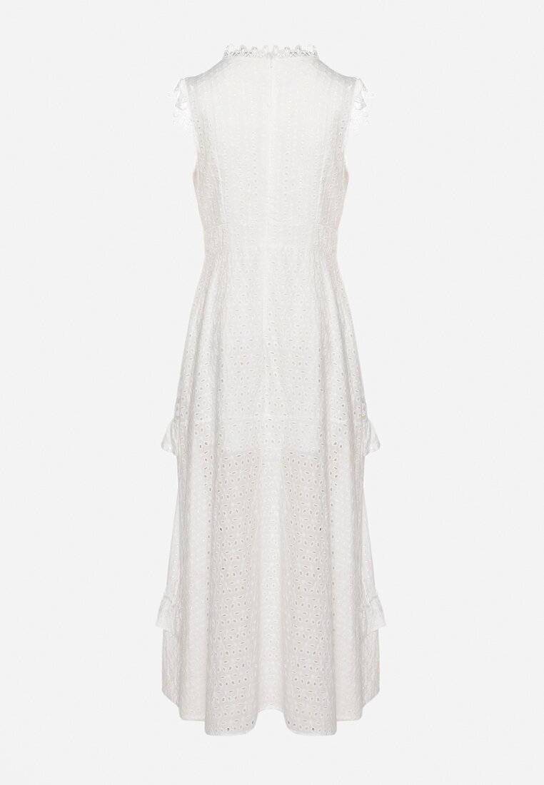 Biała Sukienka Maxi Rozkloszowana z Ażurowym Wzorem Saitha