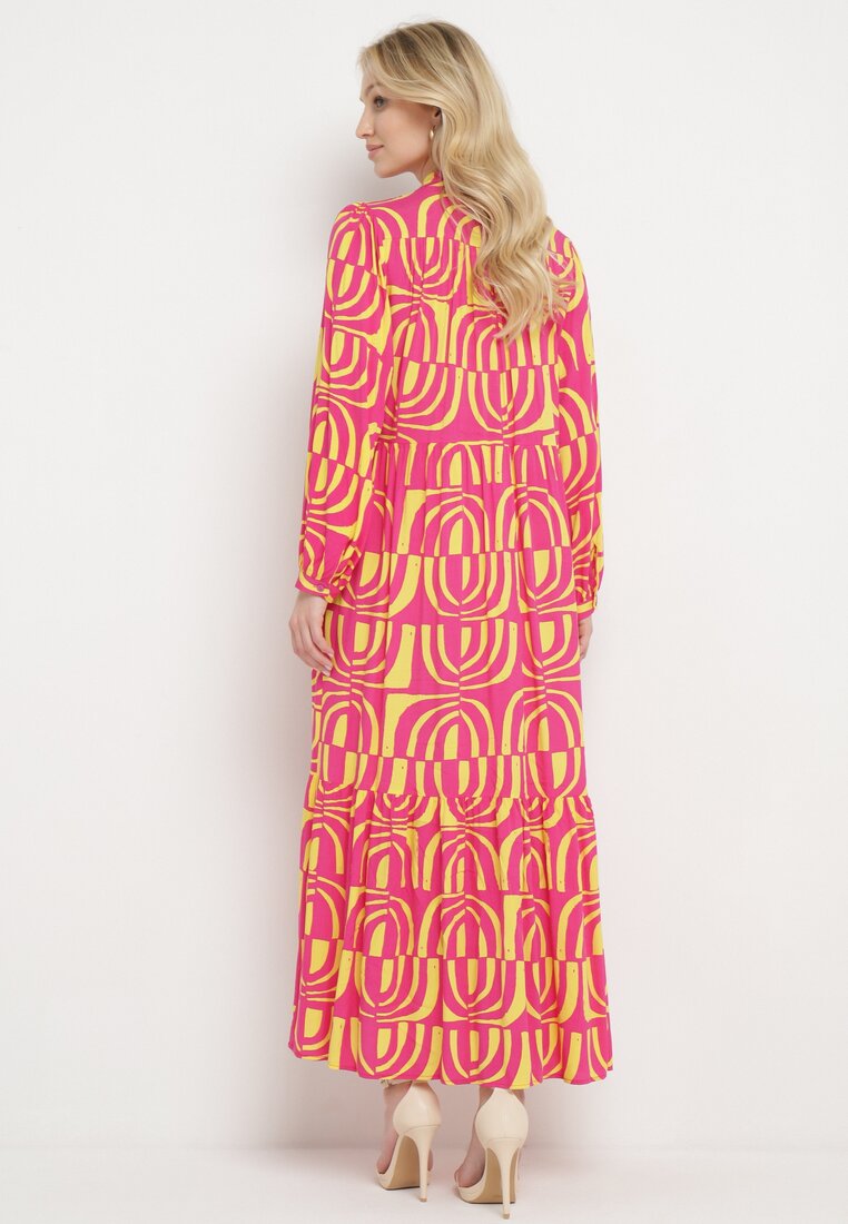 Różowo-Żółta Sukienka Długa Rozkloszowana w Geometryczny Print o Koszulowym Kroju Verdana