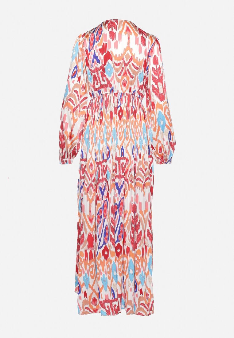 Bordowo-Beżowa Sukienka Maxi z Wzorem Etno i Gumką w Talii Junimiza