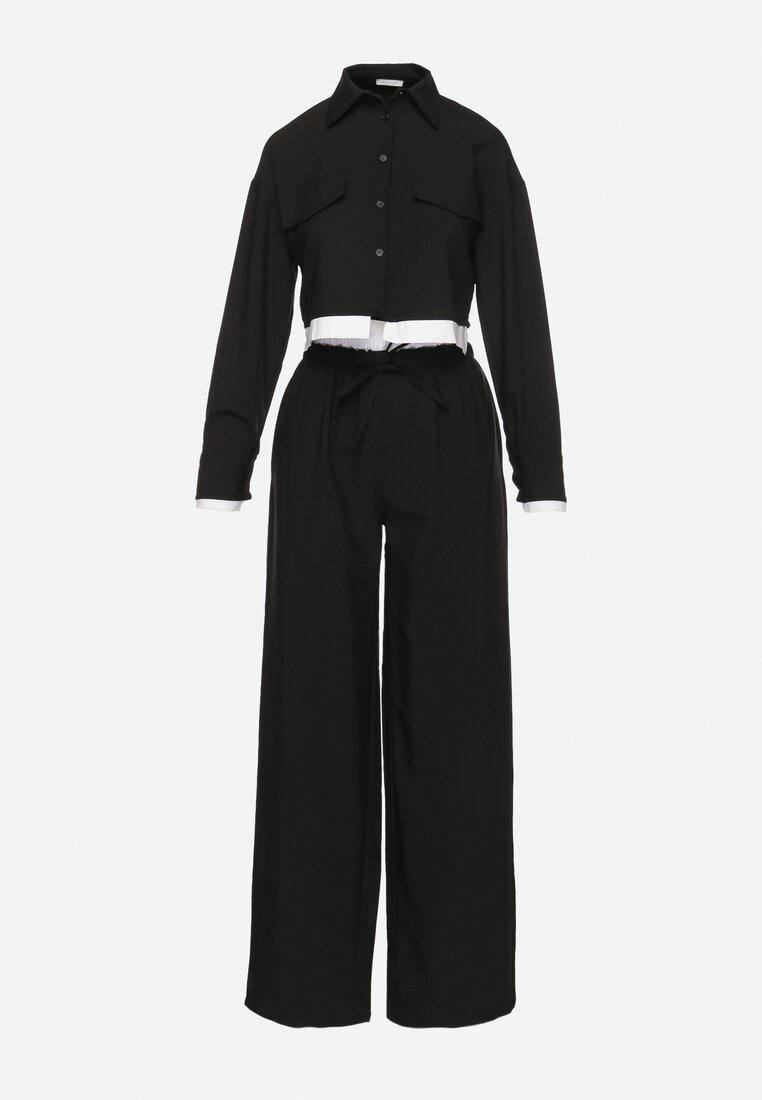 Czarny Komplet w Stylu Utility Krótka Koszula i Szerokie Spodnie z Gumką w Pasie Lysianne
