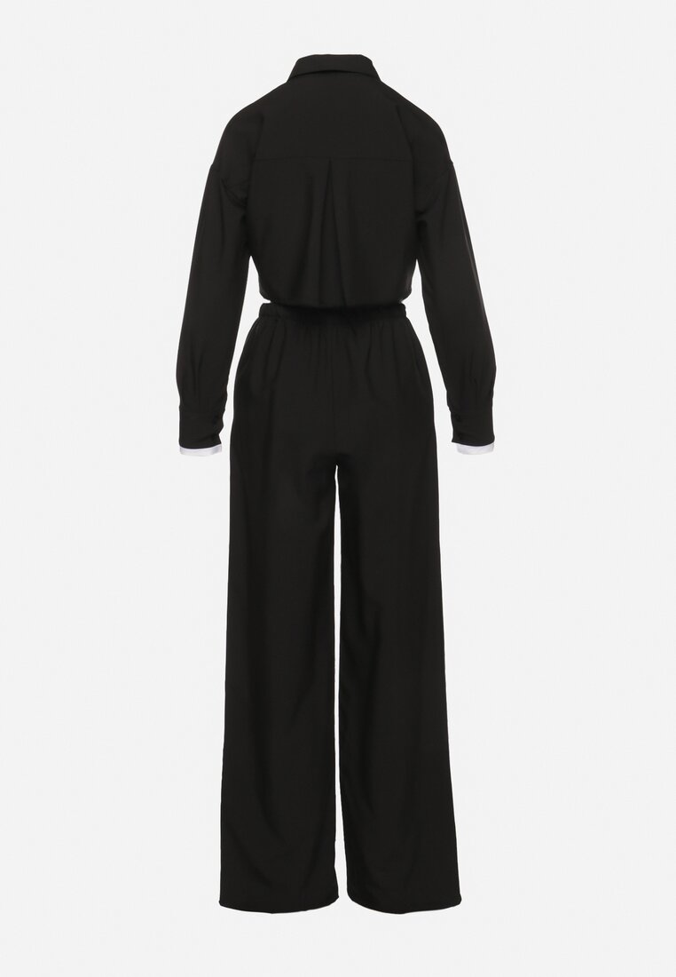Czarny Komplet w Stylu Utility Krótka Koszula i Szerokie Spodnie z Gumką w Pasie Lysianne