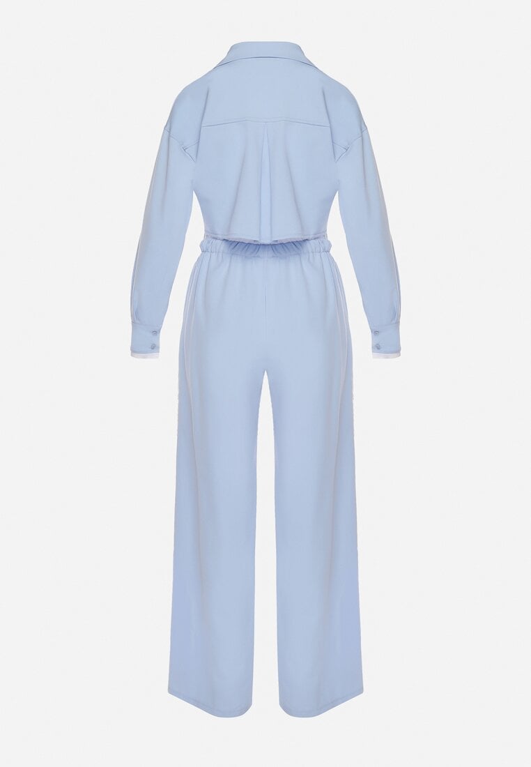Niebieski Komplet w Stylu Utility Krótka Koszula i Szerokie Spodnie z Gumką w Pasie Lysianne