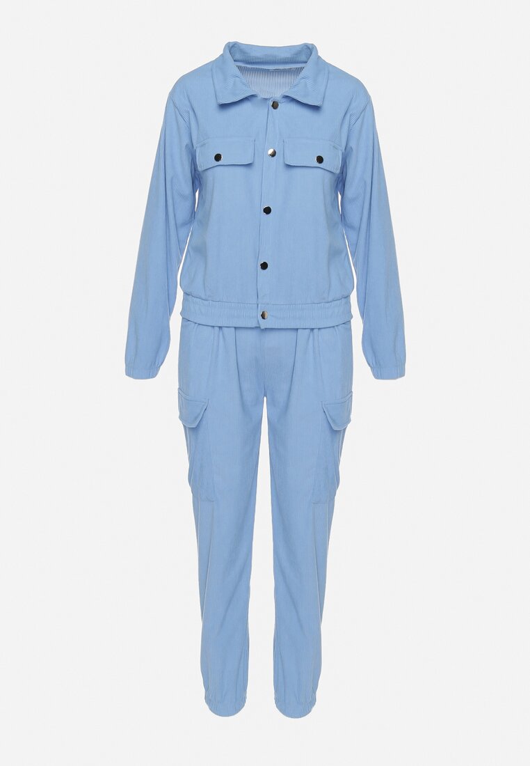 Niebieski Komplet Dresowy Utility z Bluzą z Kołnierzykiem i Joggerami z Szerokimi Klapami Imixa