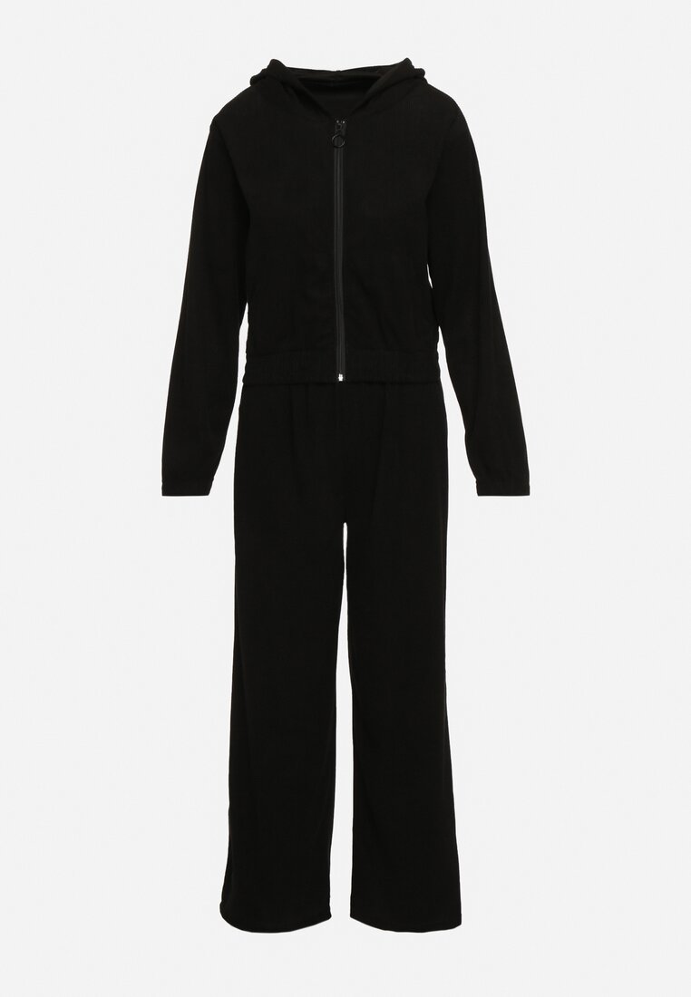 Czarny Sztruksowy Komplet Dresowy Bluza z Kapturem i Szerokie Spodnie z Kieszeniami Makeria