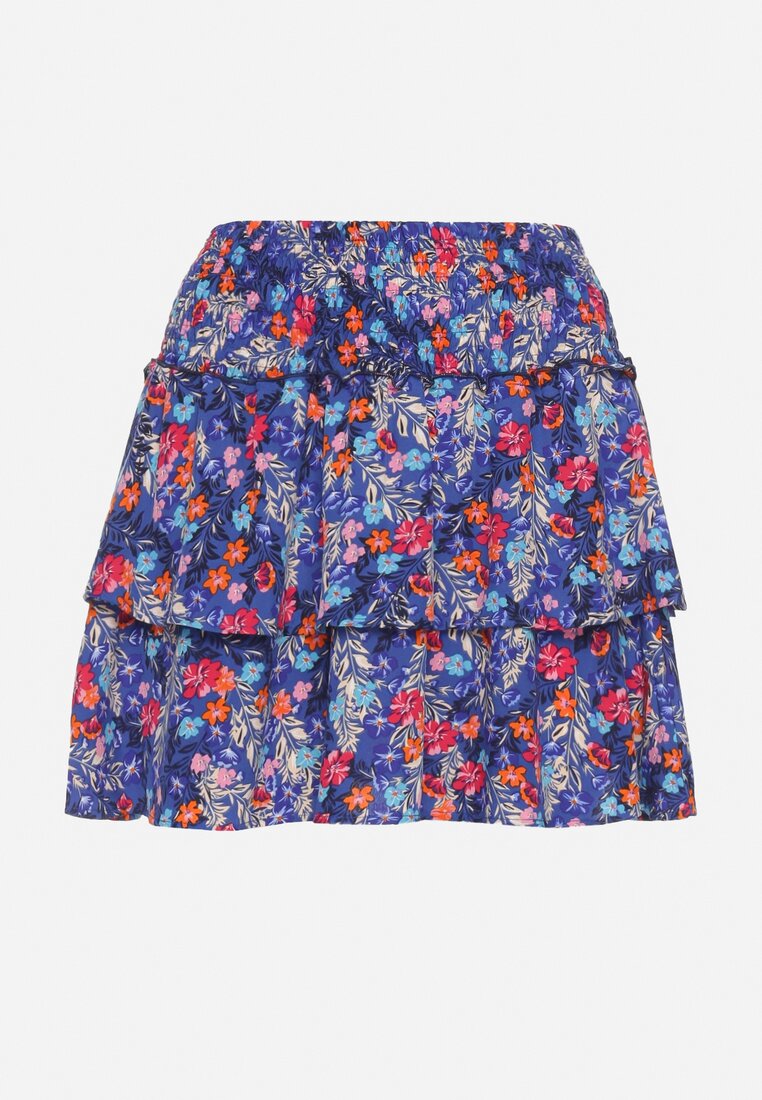 Niebiesko-Granatowa Spódnica Mini w Kwiatowy Print z Falbankami Rozkloszowana Kilina