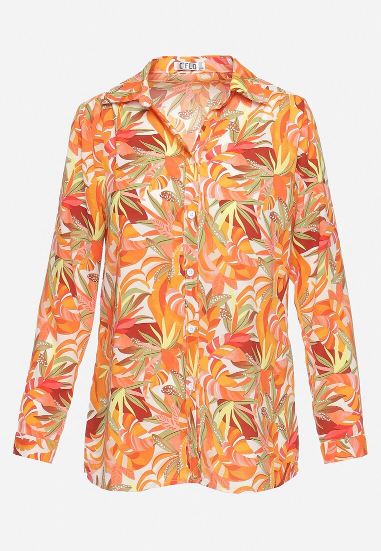 Pomarańczowa Klasyczna Koszula we Florystyczny Wzór z Guzikami Cairissa