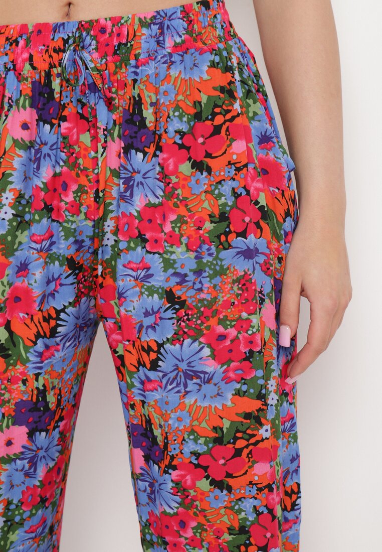 Fioletowo-Różowe Proste Spodnie z Wiskozy w Kwiatowy Print Yadolle