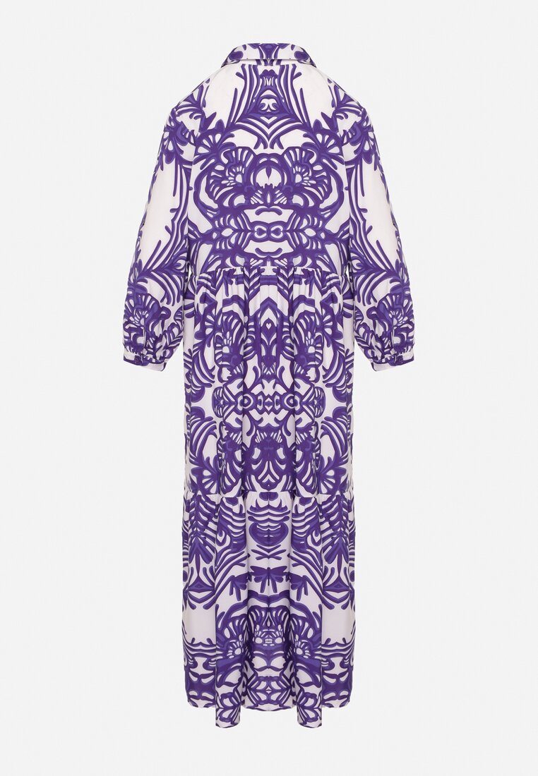 Fioletowa Długa Sukienka Rozkloszowana w Ornamentalny Wzór z Falbanką  Ariantise