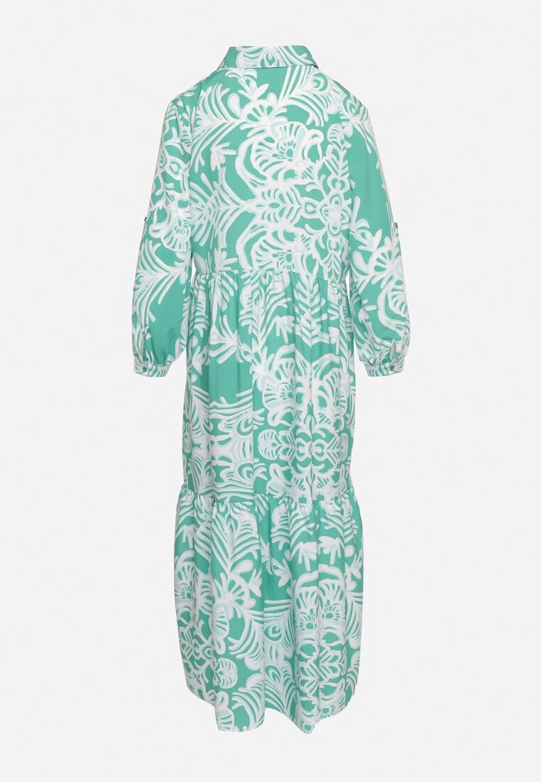 Zielona Długa Sukienka Rozkloszowana w Ornamentalny Wzór z Falbanką  Ariantise