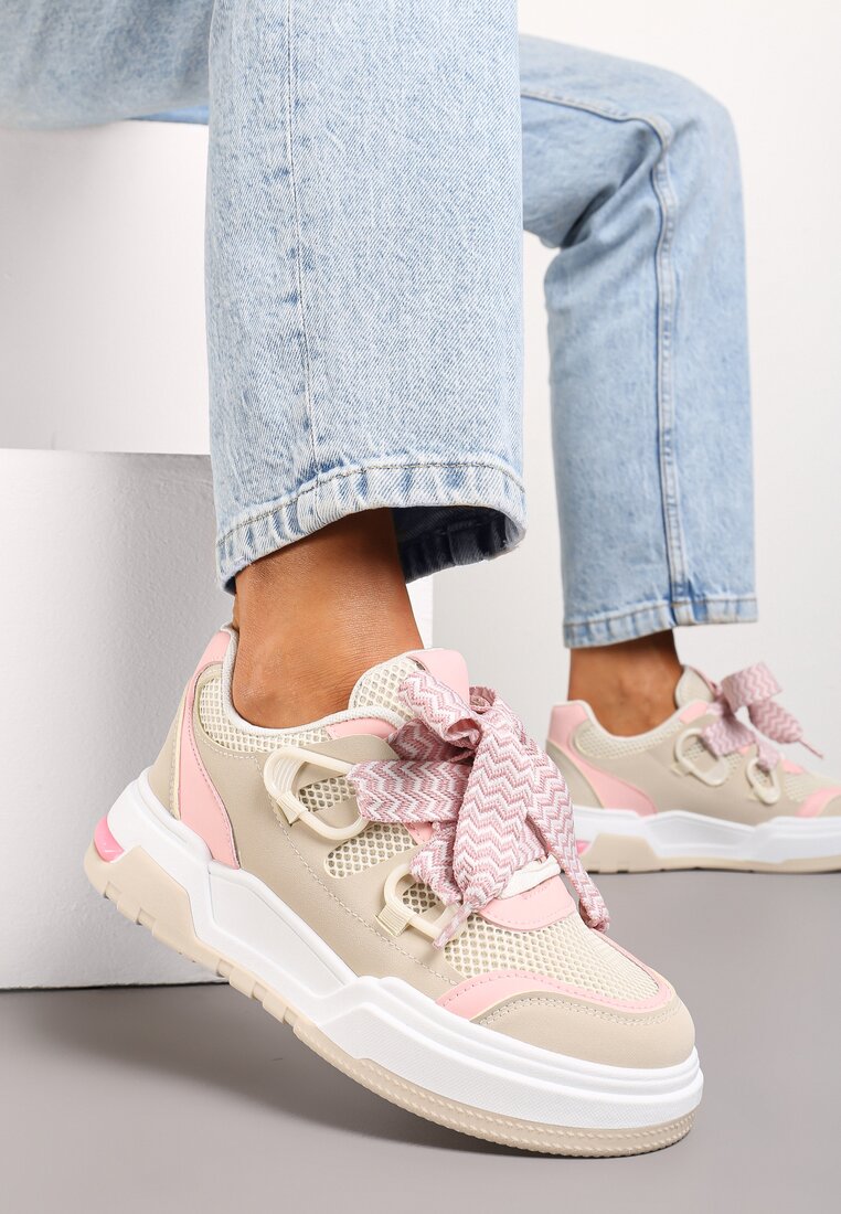 Beżowo-Różowe Sneakersy na Niskiej Platformie z Szerokimi Sznurówkami Gritte