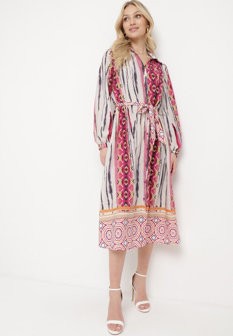 Fuksjowo-Beżowa Sukienka Koszulowa z Mozaikowym Wzorem i Wiązanym Paskiem Lilimea
