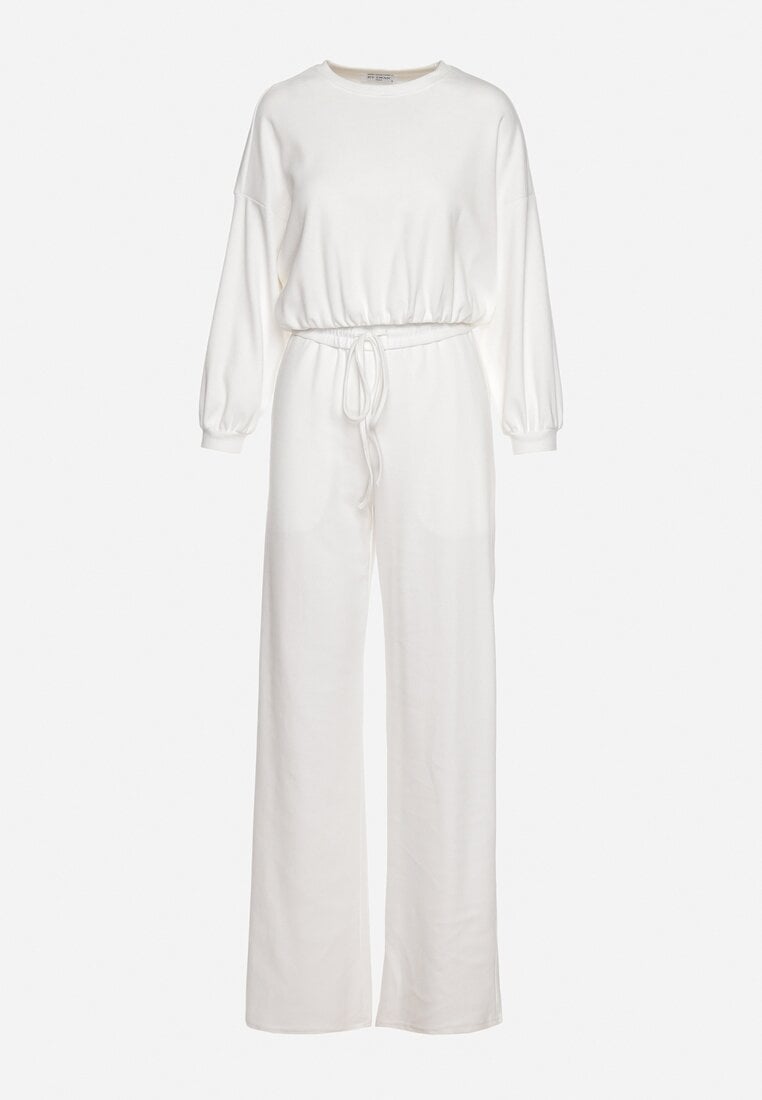 Biały Komplet Bawełniany Spodnie Szerokie ze Sznurkiem w Pasie i Bluza ze Ściągaczami Urionne