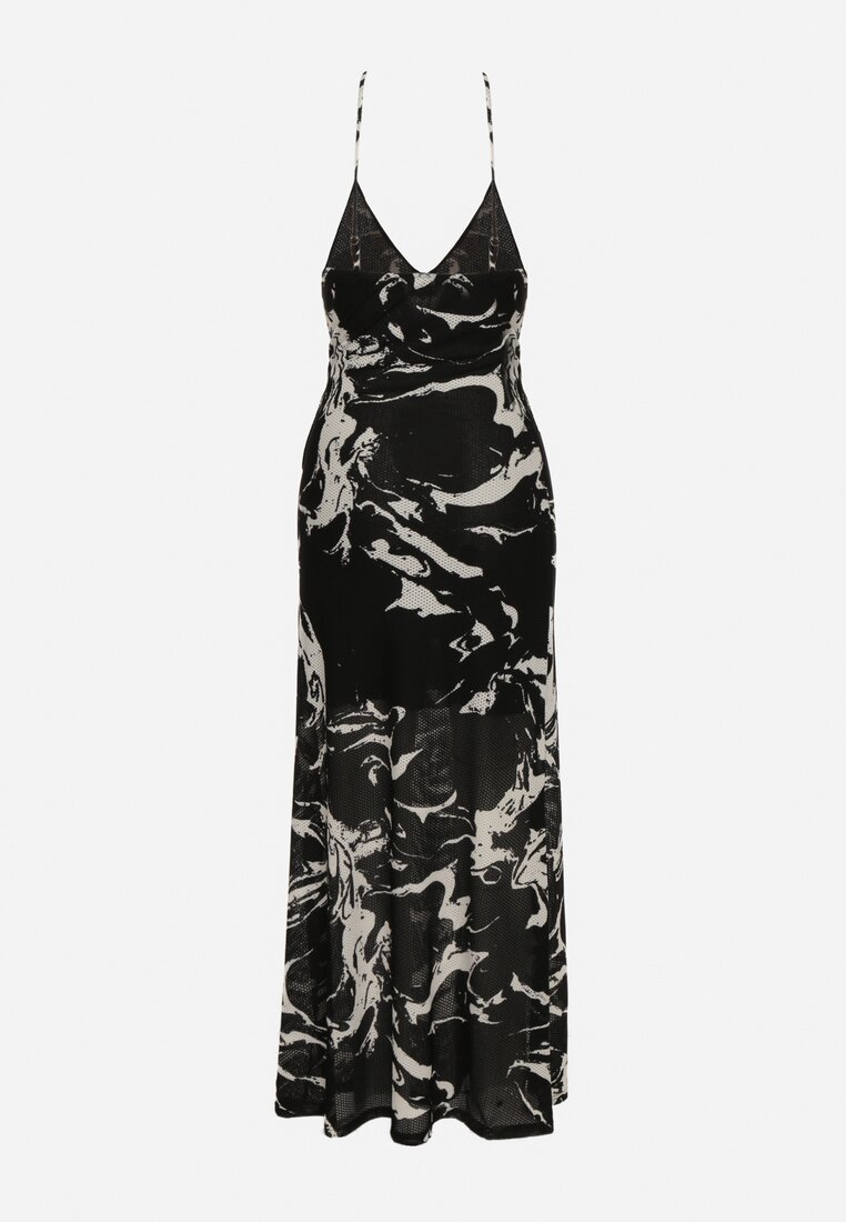 Czarna Sukienka Maxi Ozdobiona Marmurkowym Wzorem z Cienkimi Ramiączkami Fidellma