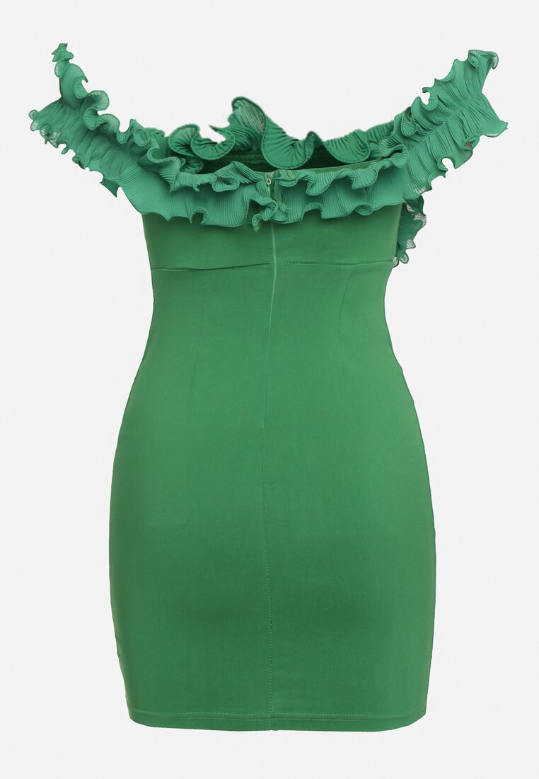 Zielona Dopasowana Sukienka Mini z Hiszpańskim Dekoltem z Falbankami Ionas