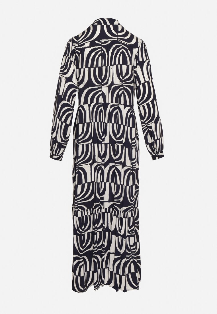 Granatowo-Biała Sukienka Długa Rozkloszowana w Geometryczny Print o Koszulowym Kroju Verdana