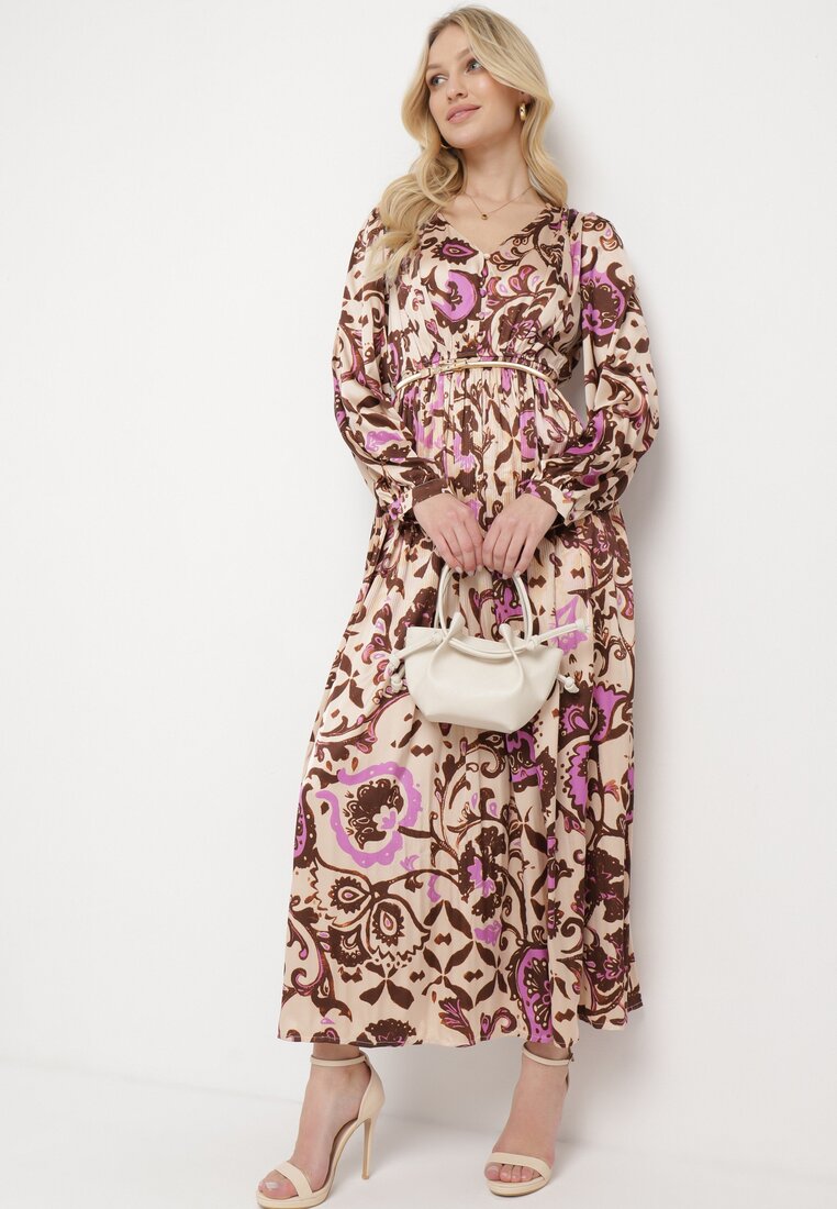 Beżowo-Fioletowa Satynowa Sukienka Maxi w Ornamentalny Wzór z Gumką w Talii Lainare