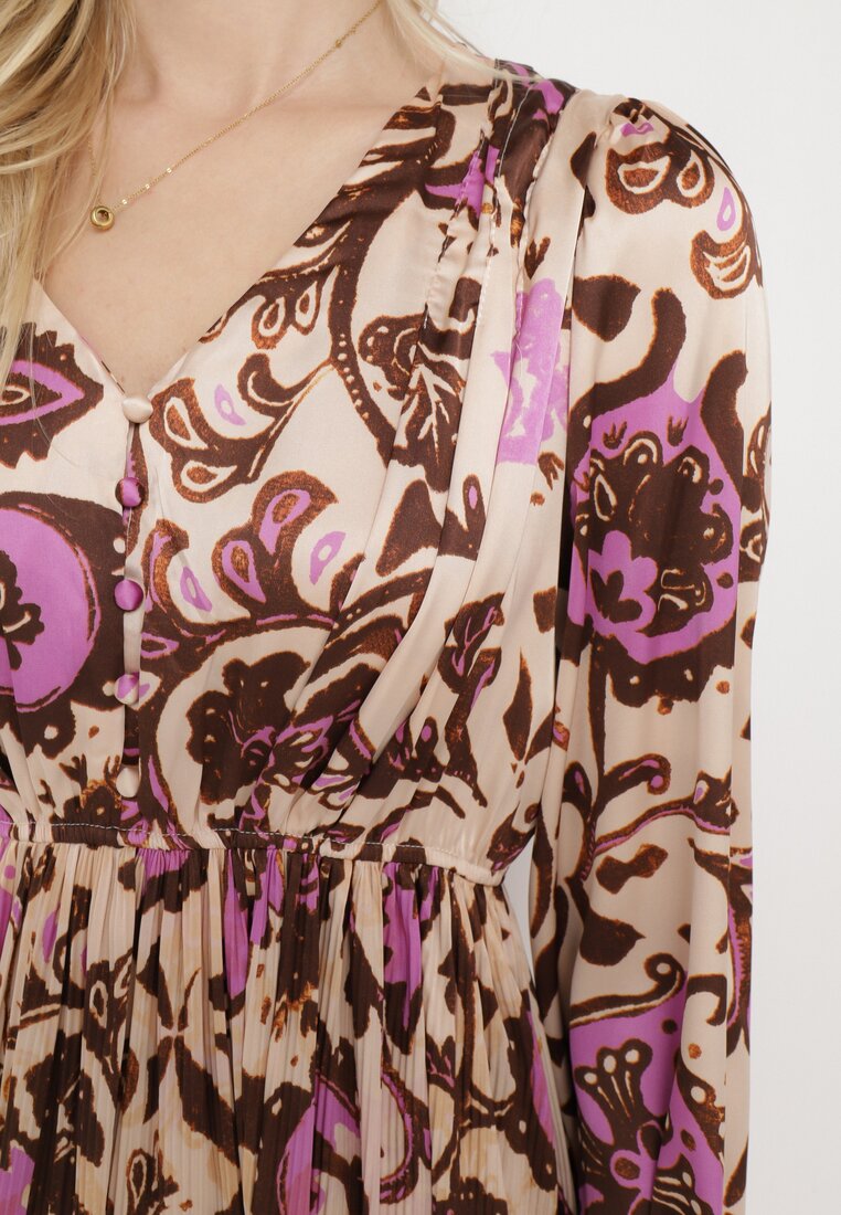 Beżowo-Fioletowa Satynowa Sukienka Maxi w Ornamentalny Wzór z Gumką w Talii Lainare