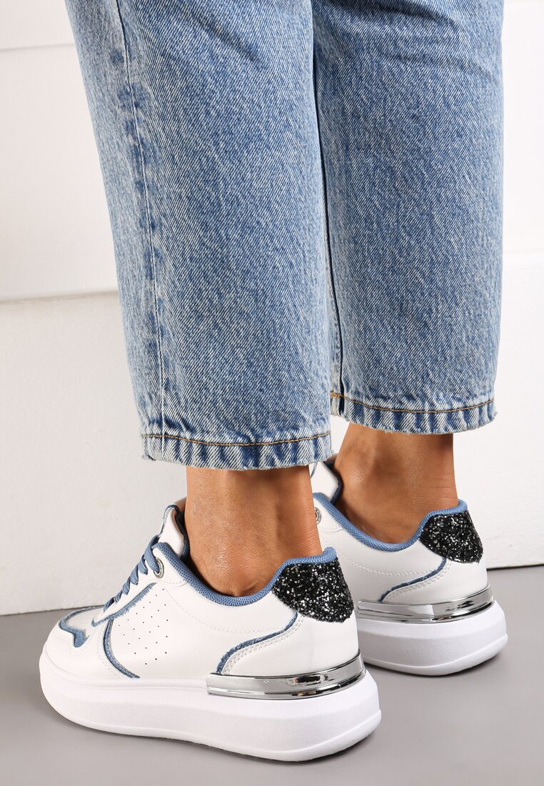 Biało-Niebieskie Sneakersy na Niskiej Platformie z Brokatowymi i Metalicznymi Wstawkami Limexa