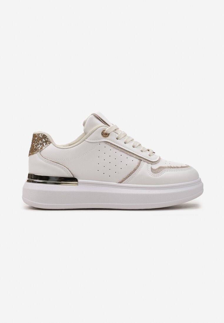 Beżowo-Białe Sneakersy na Niskiej Platformie z Brokatowymi i Metalicznymi Wstawkami Limexa