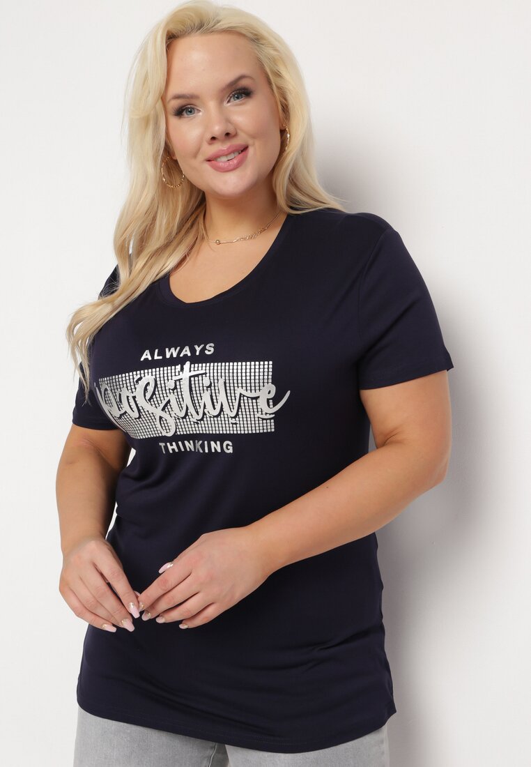 Granatowy T-shirt z Ozdobnym Nadrukiem z Metalicznym Połyskiem Neomania