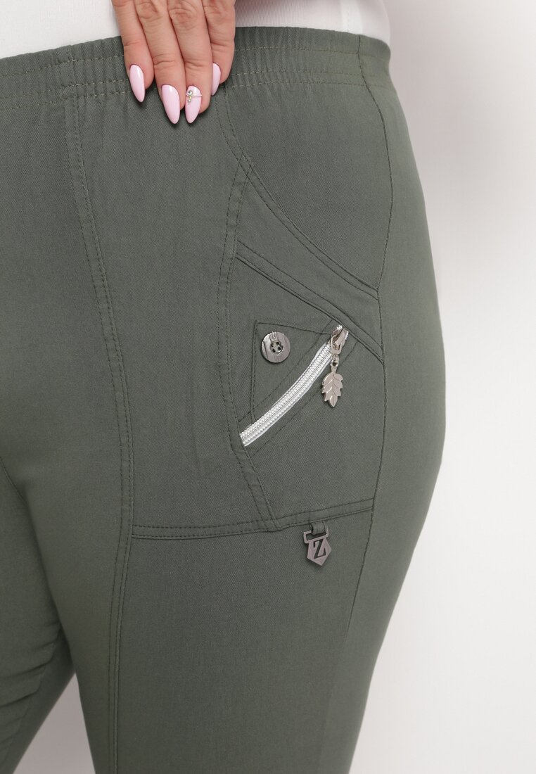 Zielone  Spodnie z Gumką w Talii z Wyższym Stanem i Ozdobnymi Suwakami Ferras
