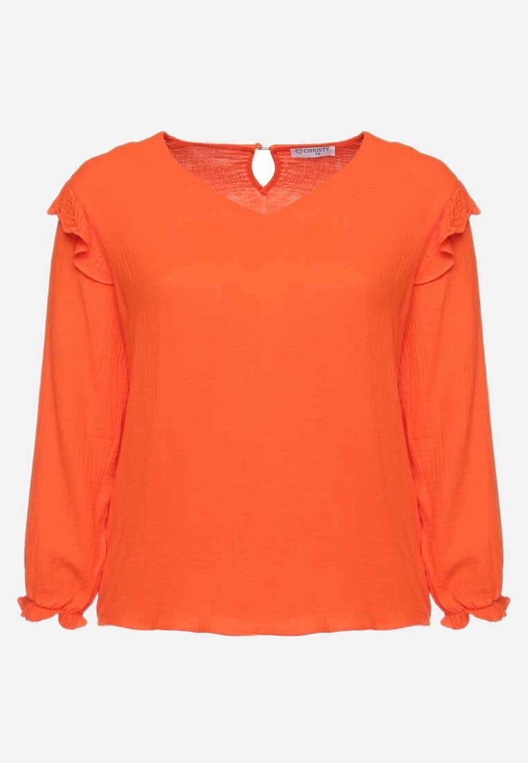 Pomarańczowa Bluzka z Bawełny z Długim Rękawem i Falbanką Pixela