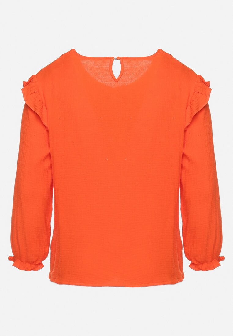Pomarańczowa Bluzka z Bawełny z Długim Rękawem i Falbanką Pixela