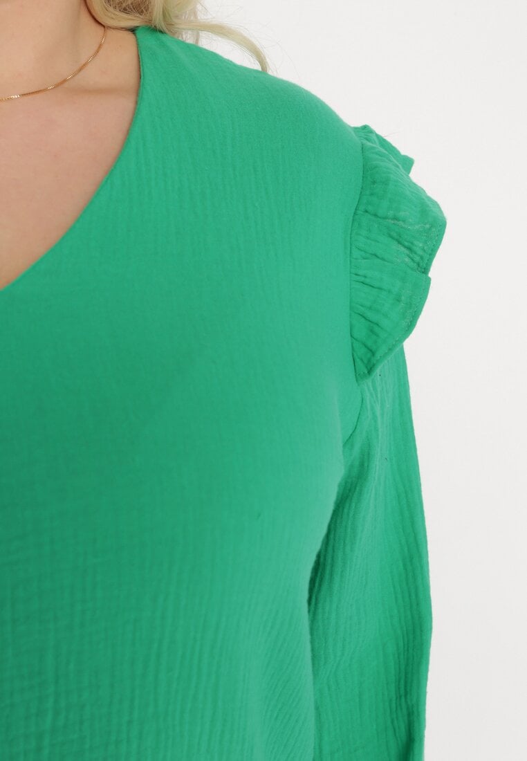 Zielona Bluzka z Bawełny z Długim Rękawem i Falbanką Pixela
