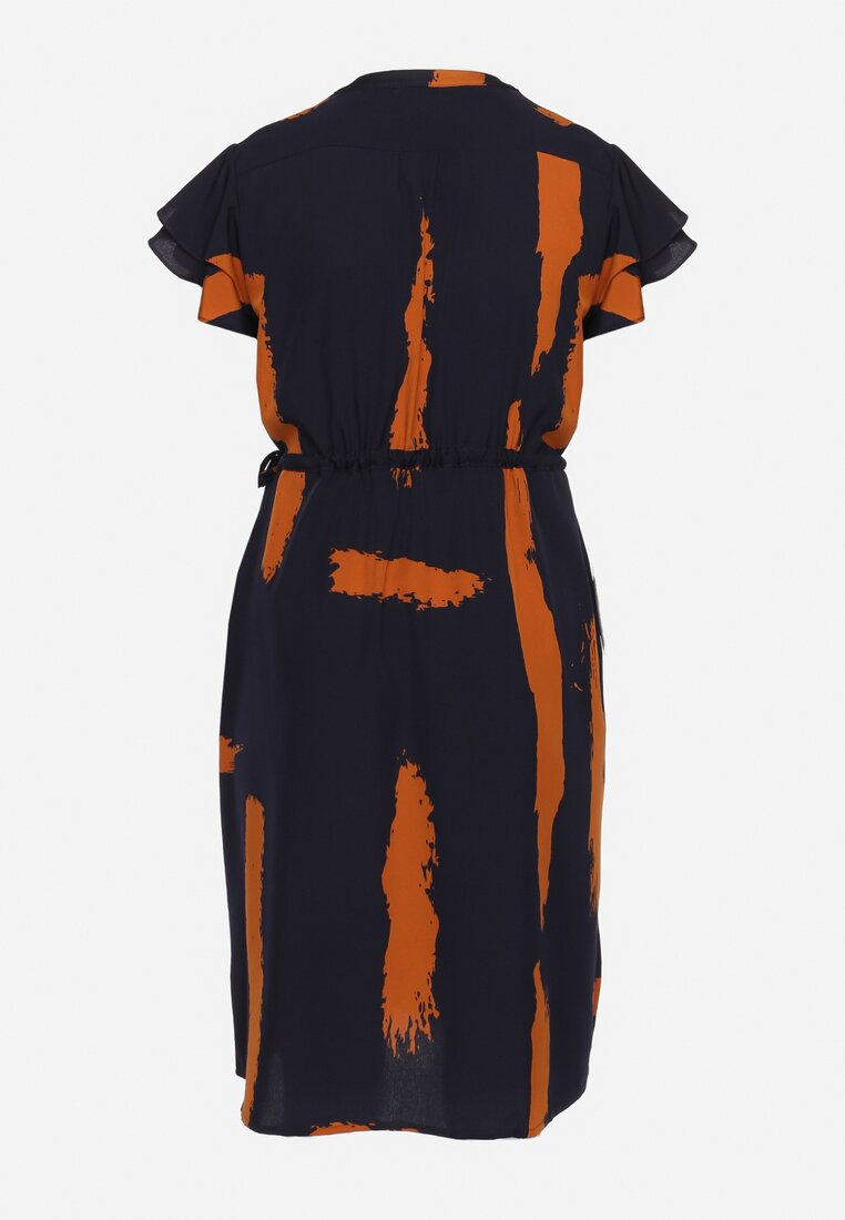 Czarno-Pomarańczowa Sukienka ze Sznurkiem w Pasie i Artystycznym Wzorem Lesidna