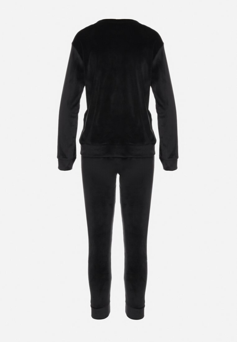 Czarny Komplet Dresowy z Weluru Ozdobiony Wzorem w Cętki z Bluzą i Spodniami Cooperia