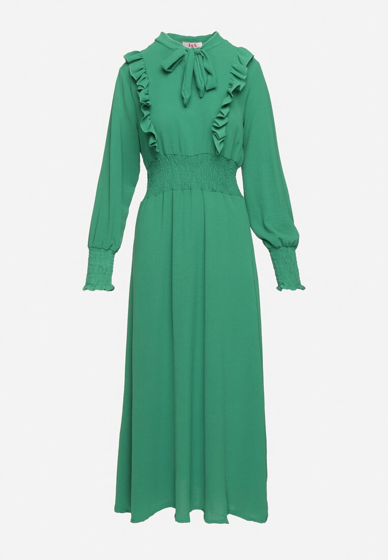 Zielona Rozkloszowana Sukienka Maxi Wiązana przy Dekolcie Ozdobiona Falbankami Nuteki