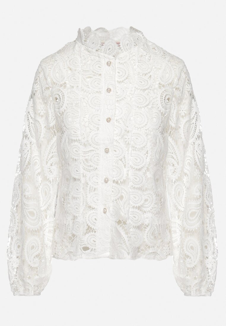 Biała Koszula Koronkowa ze Stójką w Stylu Vintage Drusilia