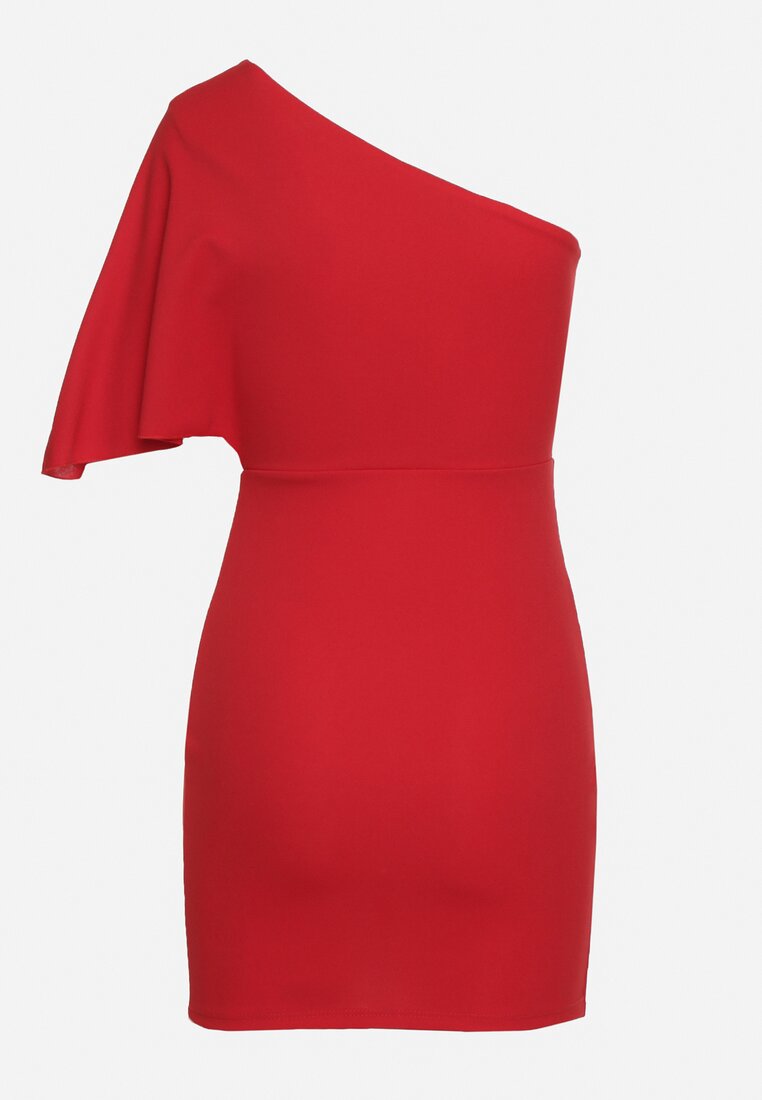Czerwona Asymetryczna Sukienka z Ozdobnym Drapowaniem Aerlia