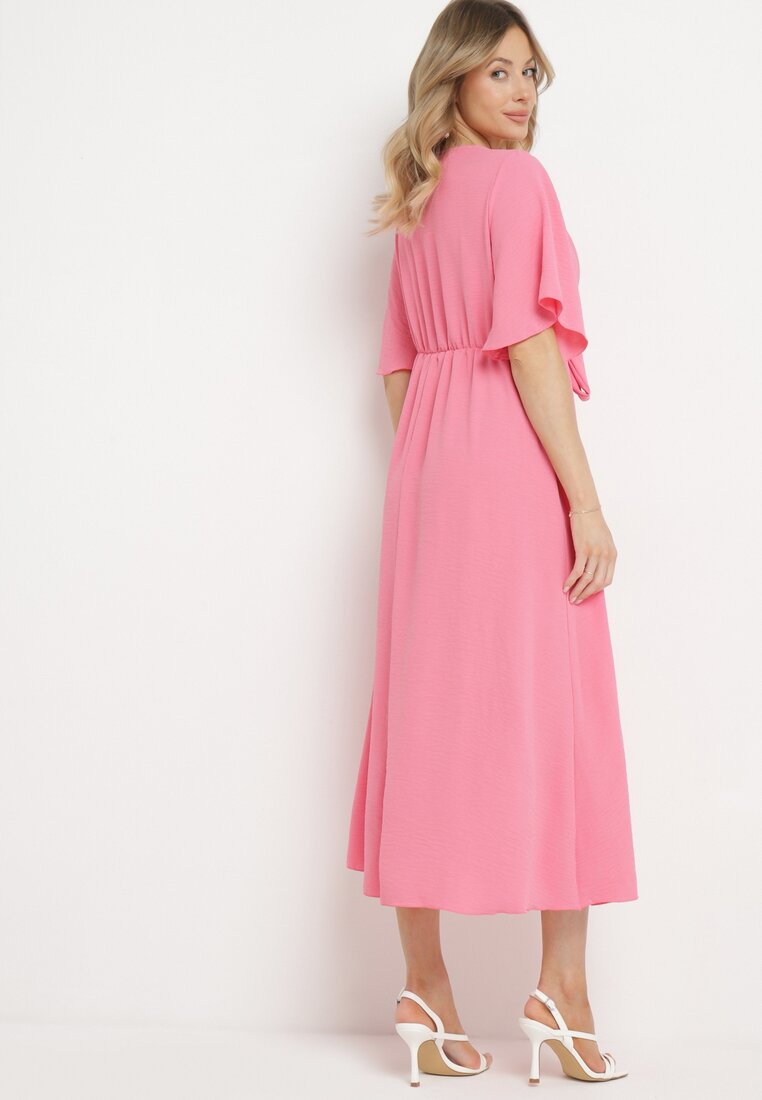 Różowa Sukienka Maxi z Ozdobnym Wiązaniem i Gumką w Talii Myrcella