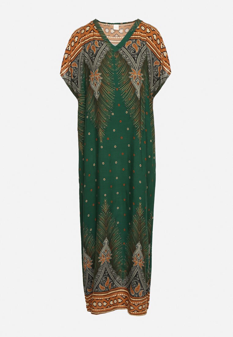 Ciemnozielona Bawełniana Sukienka Pudełkowa Długa w Abstrakcyjny Wzór Olatias