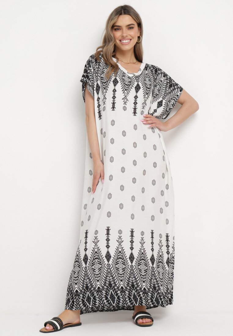 Biała Bawełniana Sukienka Pudełkowa Długa w Abstrakcyjny Wzór Olatias
