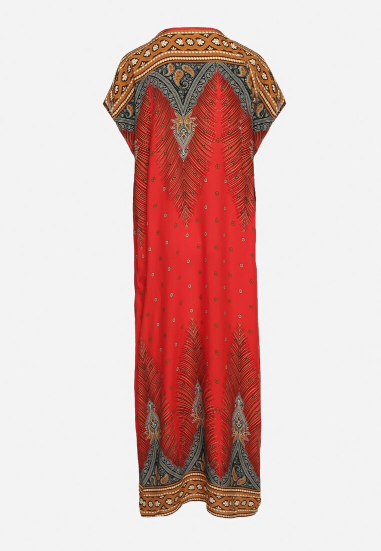 Czerwona Bawełniana Sukienka Pudełkowa Długa w Abstrakcyjny Wzór Olatias