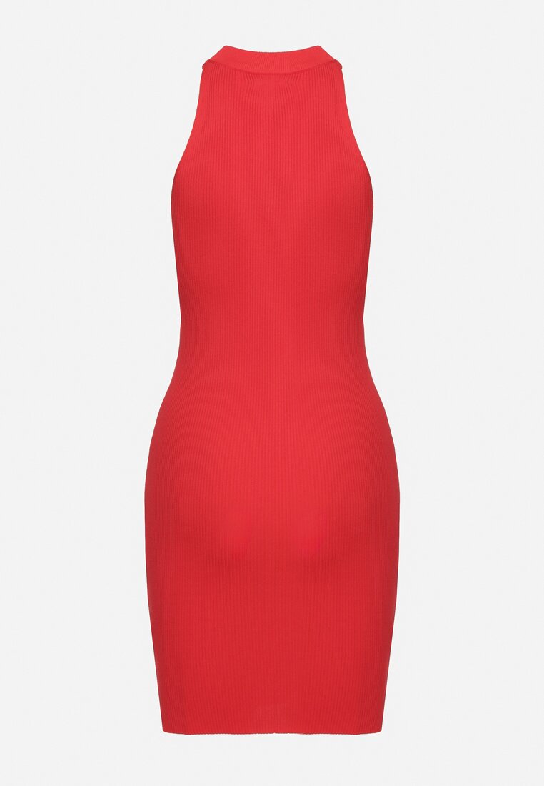 Czerwona Dopasowana Sukienka Mini z Ozdobnym Dekoltem z Prążkowanej Dzianiny Kaile
