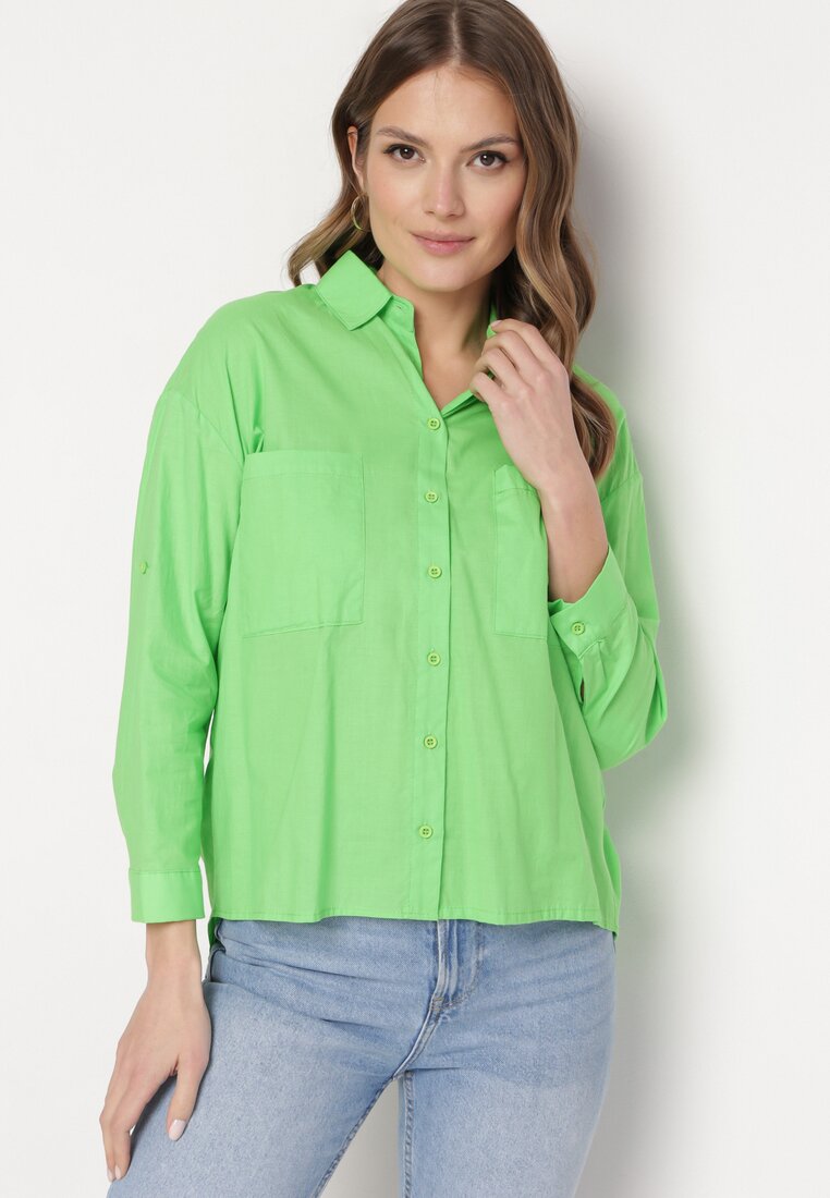 Zielona Bawełniana Koszula Klasyczna z Kieszeniami Sasana