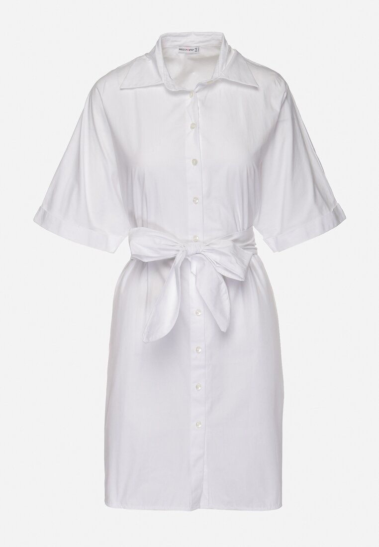 Biała Bawełniana Sukienka Wiązana w Pasie o Koszulowym Fasonie Litina