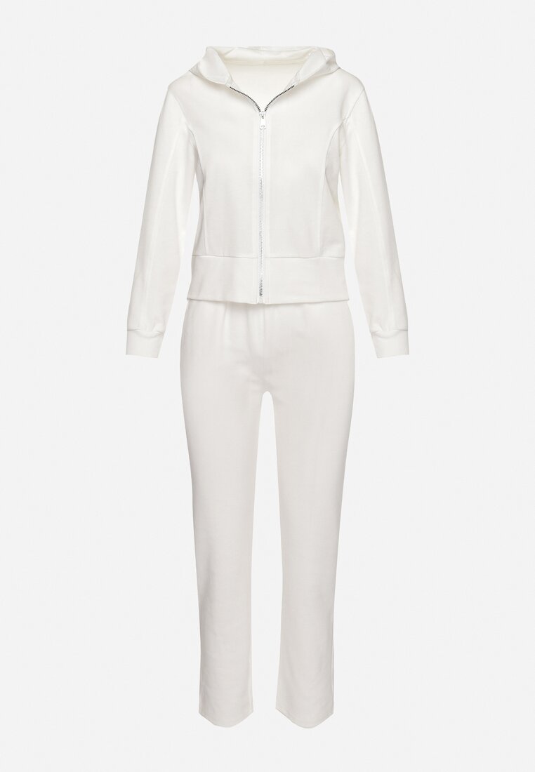 Biały Bawełniany Komplet Dresowy Bluza z Kapturem i Spodnie z Gumką Xerissta