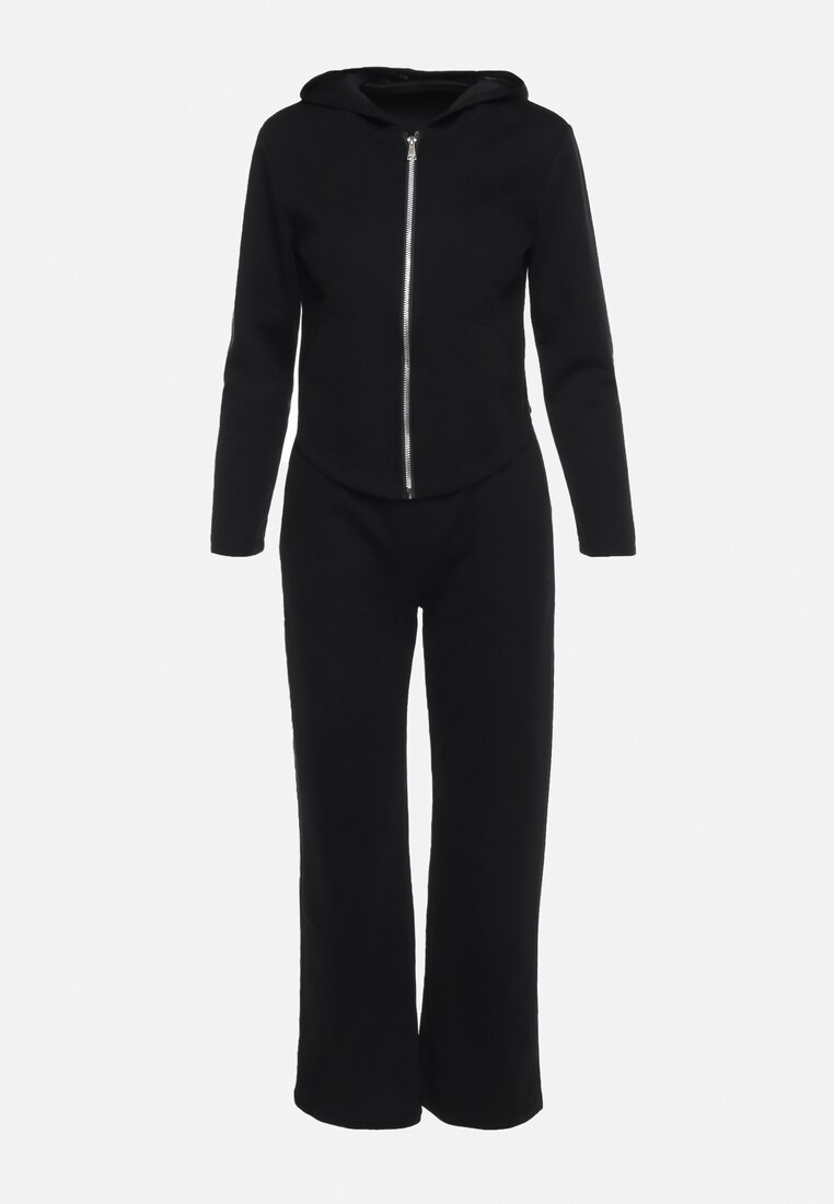 Czarny Komplet Dresowy Bluza z Kapturem i Szerokie Spodnie z Gumką w Pasie Arsiac