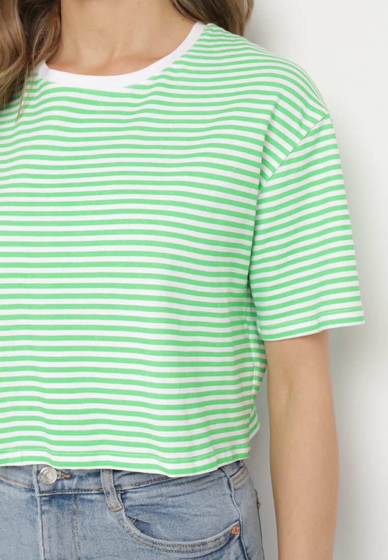 Zielony Bawełniany T-shirt o Oversizowym Krótkim Fasonie w Cienkie Paski Lakrida