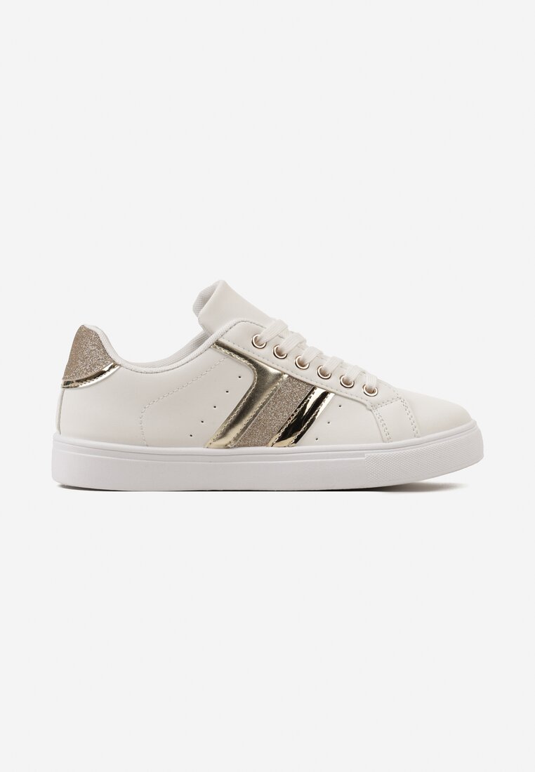 Biało-Złote Sznurowane Sneakersy z Ekoskóry z Metalicznymi Wstawkami i Brokatem Lirinea