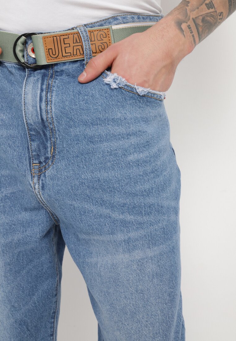 Niebieskie Klasyczne Jeansy z Przetarciami i Materiałowym Paskiem Ramalua