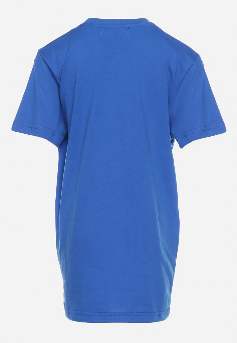 Niebieska Koszulka z Bawełny z Ozdobnym Nadrukiem na Przodzie Rosameta
