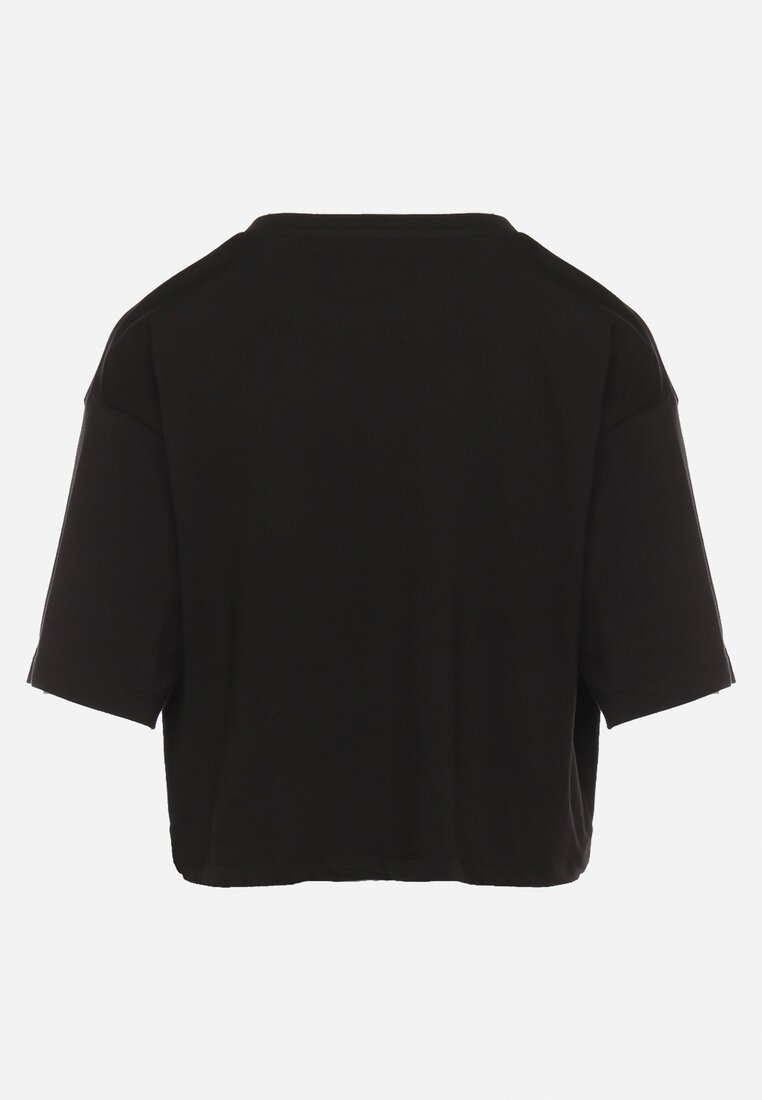 Czarny Bawełniany T-shirt Oversize o Krótkim Kroju z Nadrukiem Prismarina