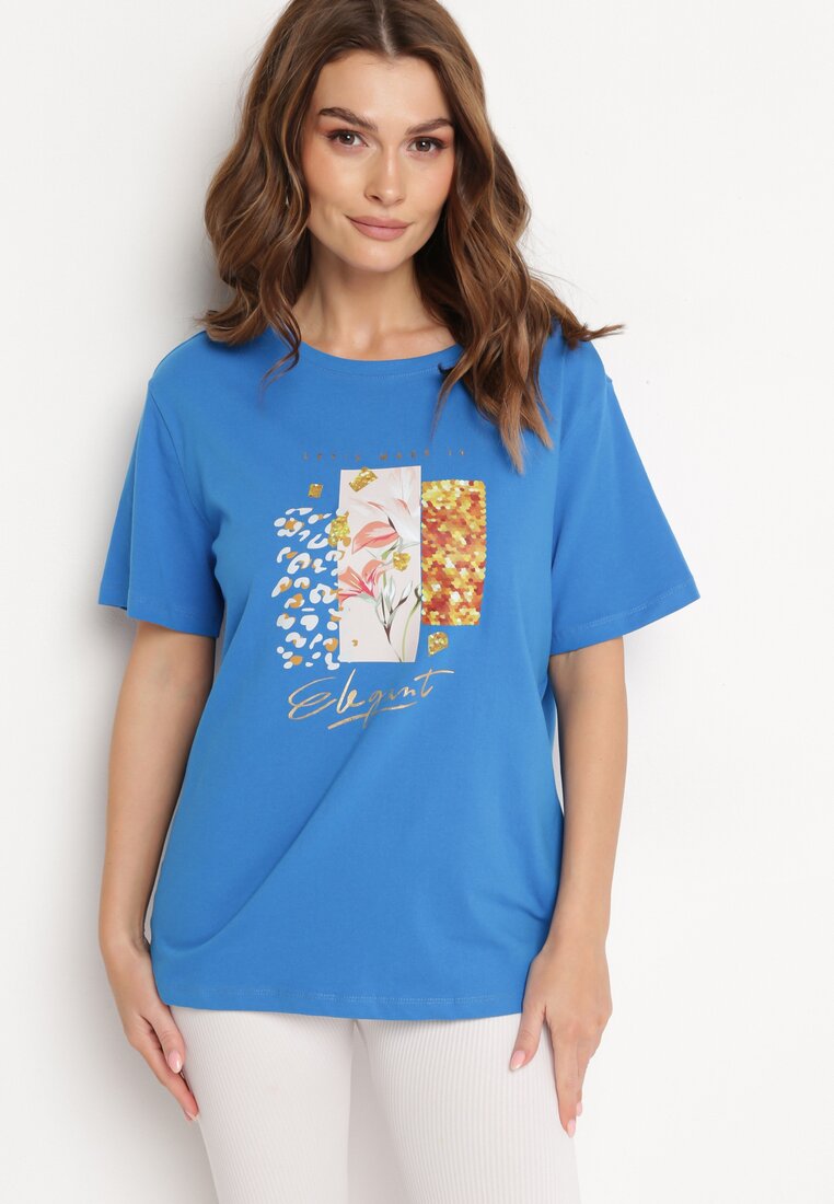Niebieski Bawełniany T-shirt z Ozdobnym Nadrukiem z Przodu Elstisa