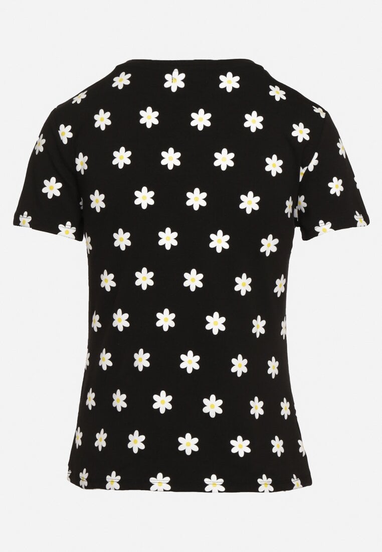 Czarny T-shirt Bawełniany  z Motywem Kwiatów Ozdobiony Cyrkoniami Atentia